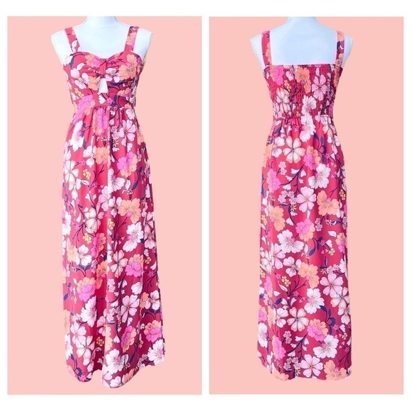 🎁 MONTEAU LA Pink & Red Floral Smocked Maxi Dress Sleeveless Size XS - Picture 11 of 11